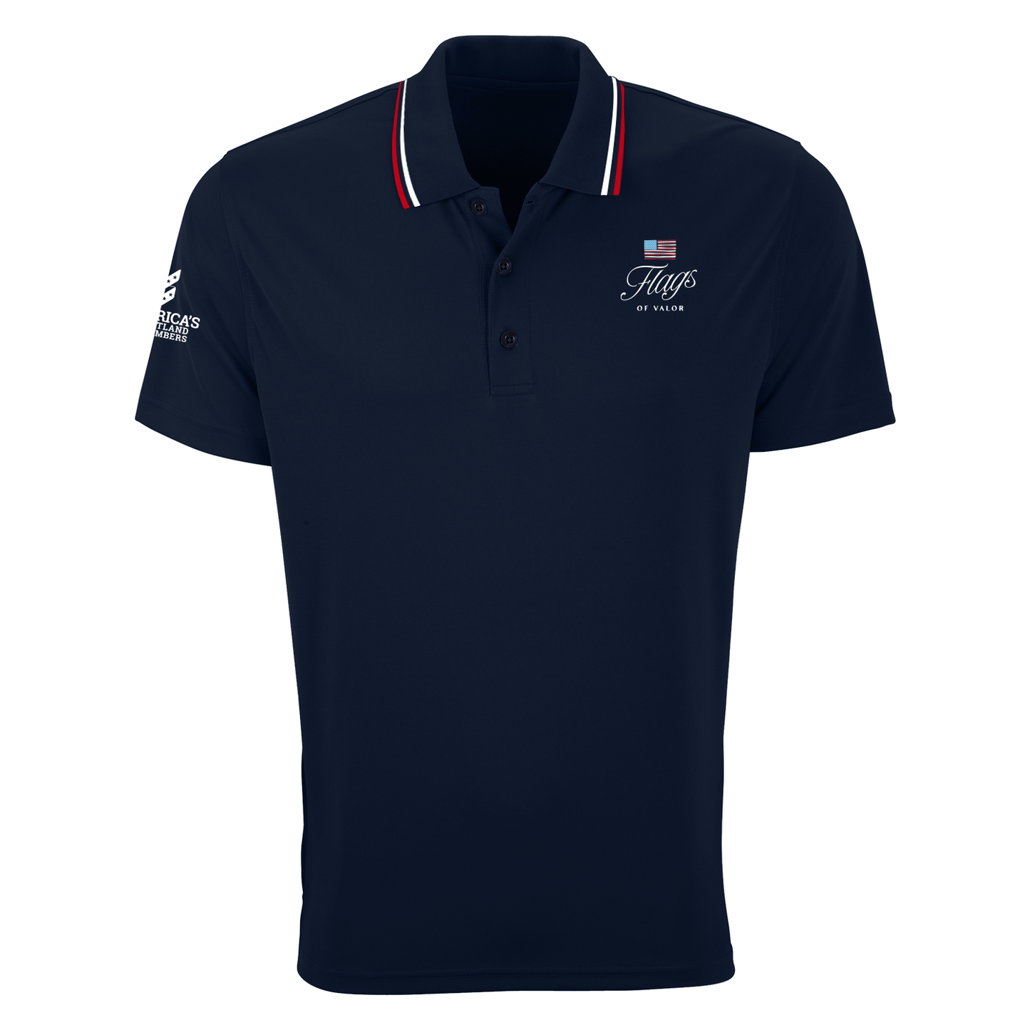 Navy blue polo shirt with white and red stripe on collar and Flags of Valors and America's Heartland Remembers logos