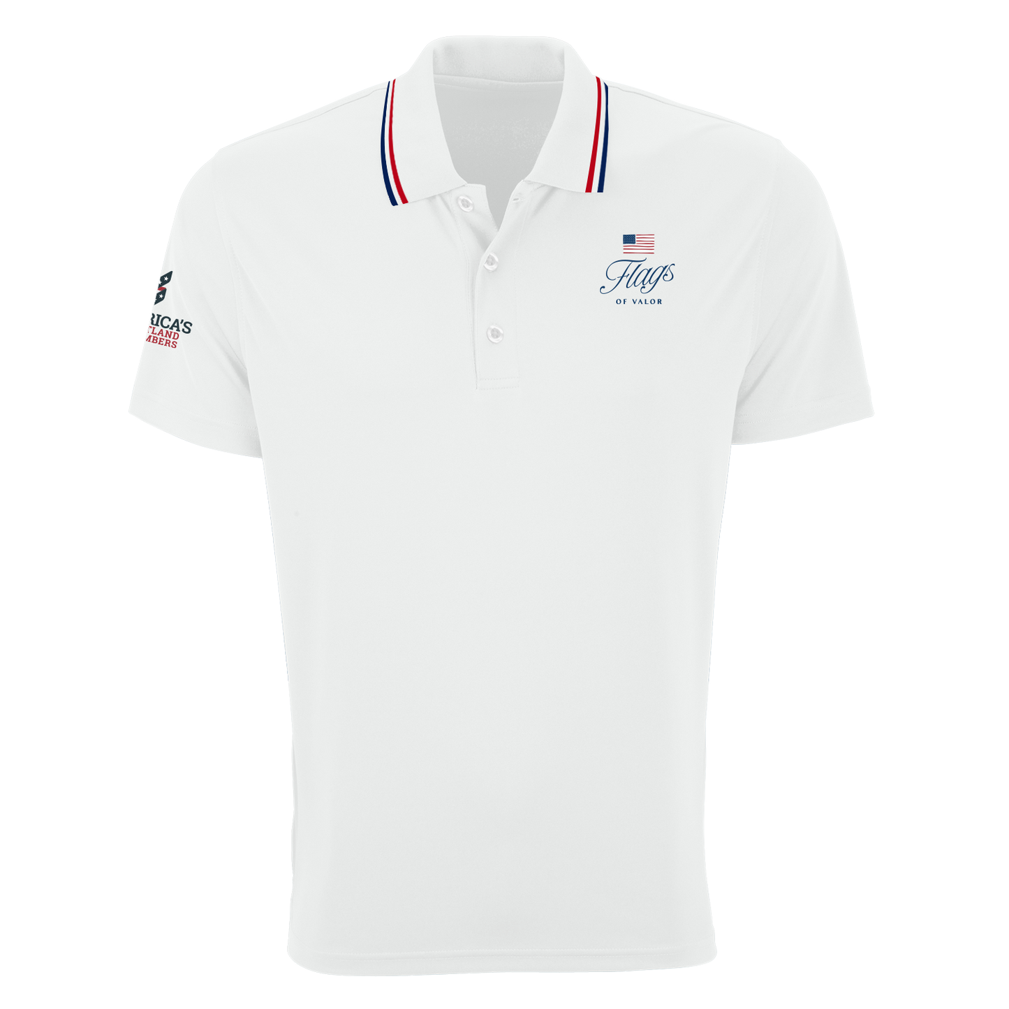 White polo shirt with Flags of Valor and America's Heartland Remembers logos with red and navy stripe on collar