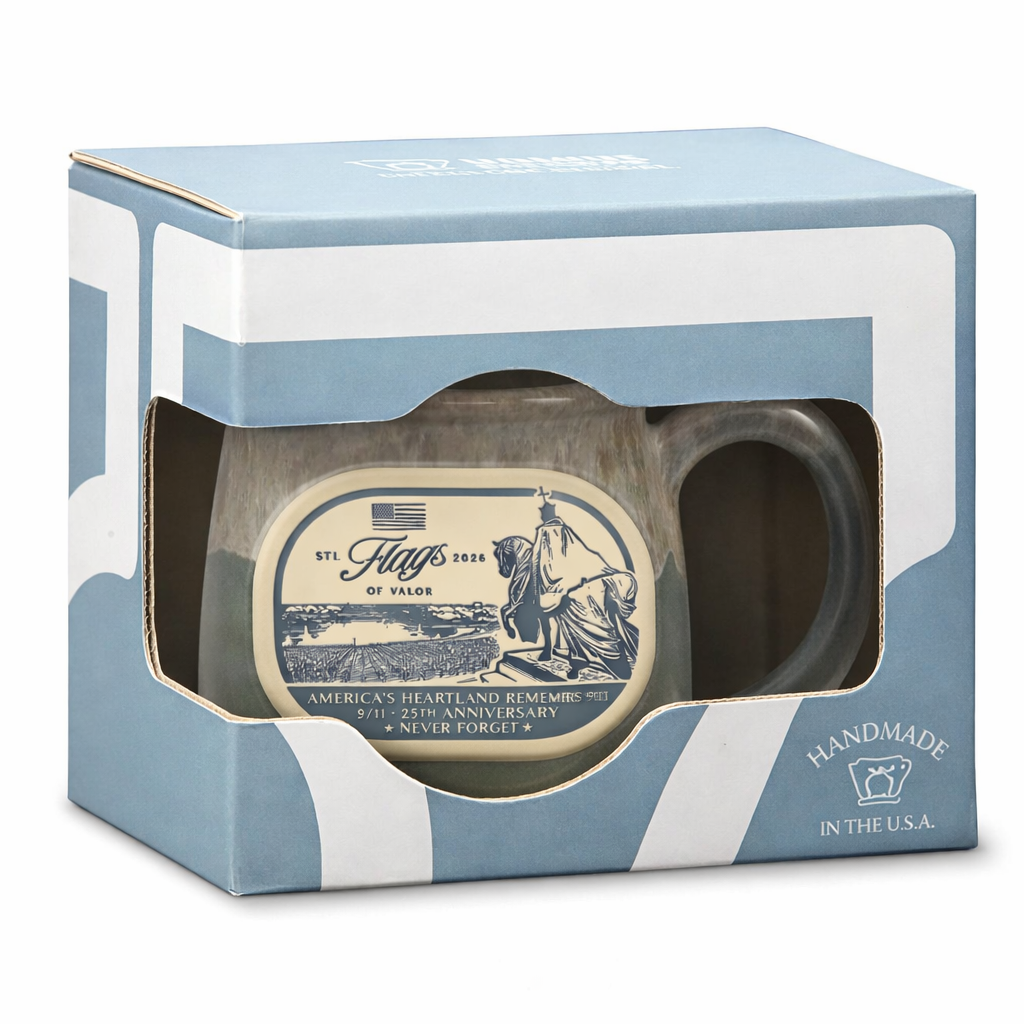 Mug in a decorative box with branding and text on a white background