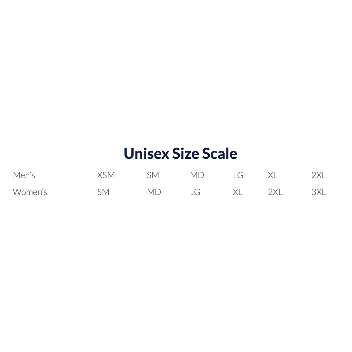 Unisex size scale chart with categories for Men's and Women's sizes.