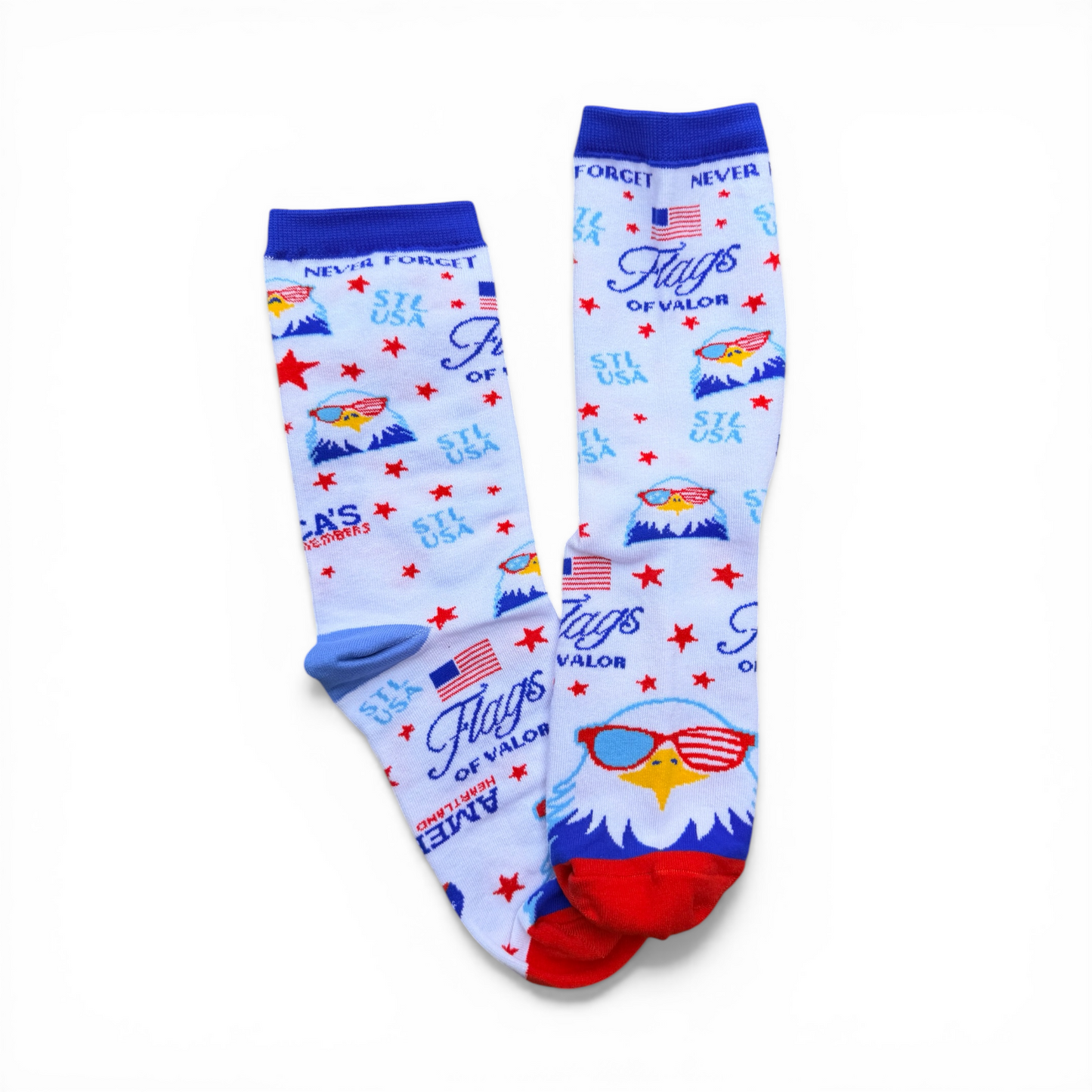 Two socks with patriotic designs on a white background
