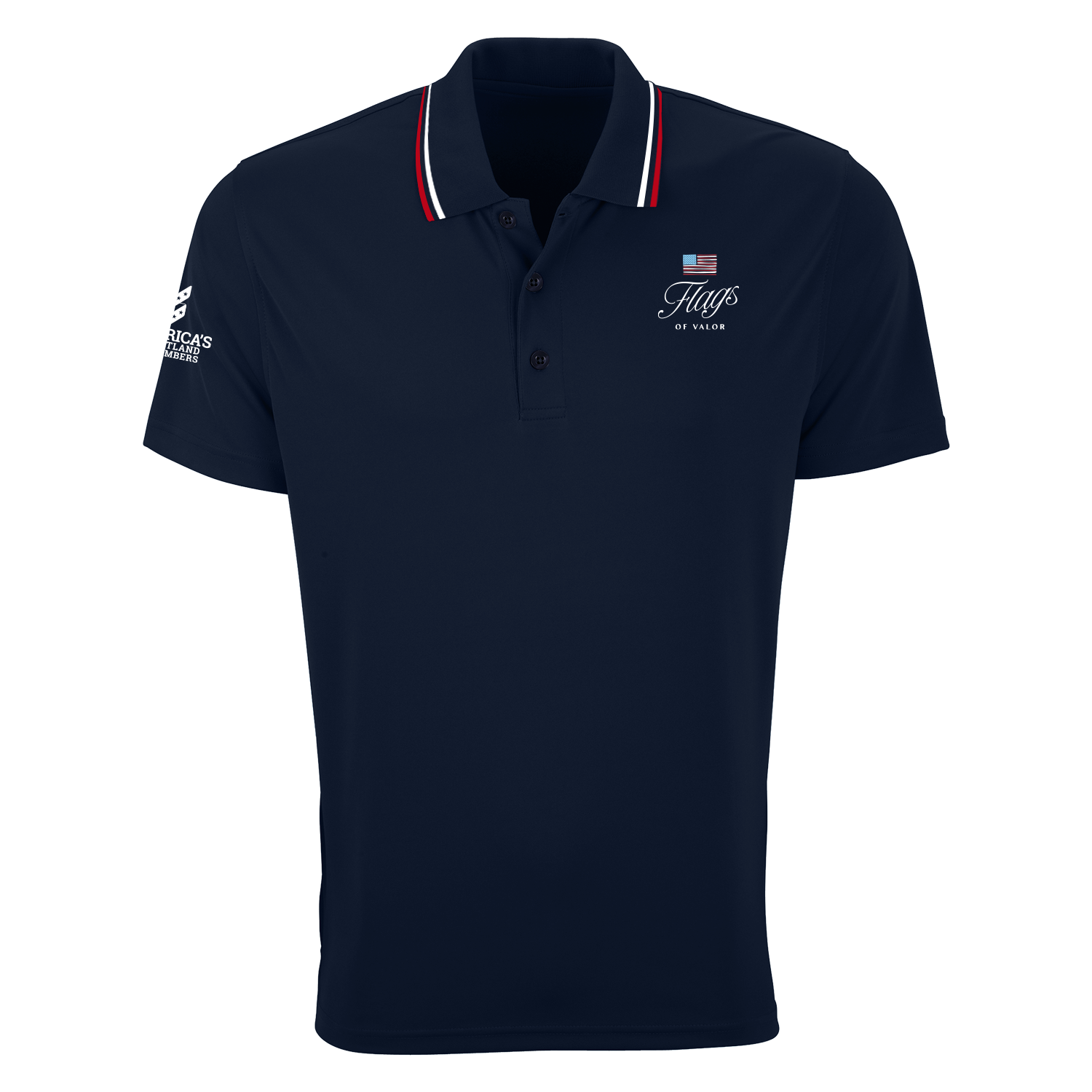 Navy blue polo shirt with white and red stripe on collar and Flags of Valors and America's Heartland Remembers logos