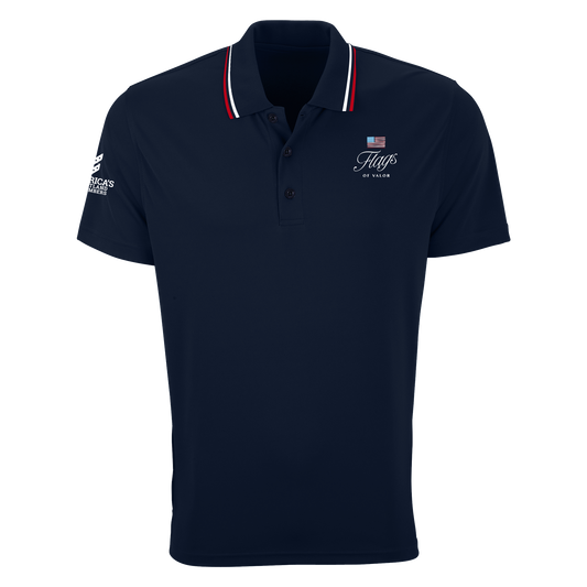 Navy blue polo shirt with white and red stripe on collar and Flags of Valors and America's Heartland Remembers logos