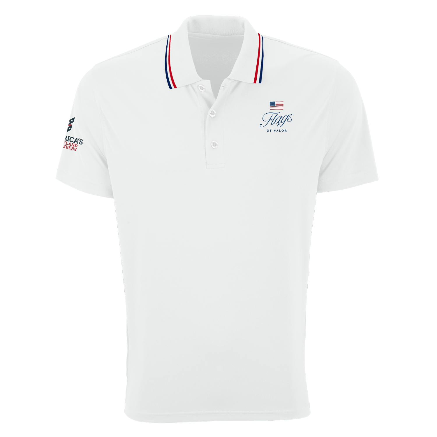 White polo shirt with Flags of Valor and America's Heartland Remembers logos with red and navy stripe on collar 