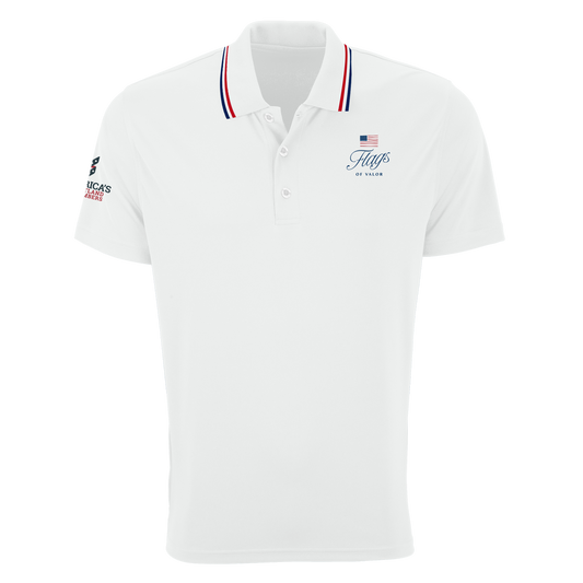 White polo shirt with Flags of Valor and America's Heartland Remembers logos with red and navy stripe on collar 