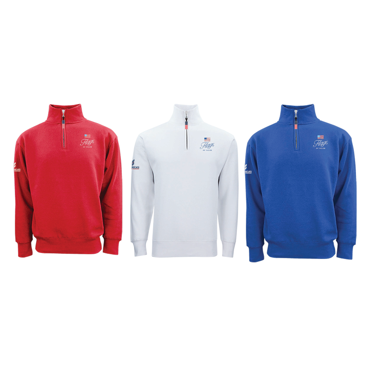 Three quarter-zip pullovers in red, white, and blue with Flags of Valor logo on a white background