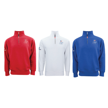 Three quarter-zip pullovers in red, white, and blue with Flags of Valor logo on a white background