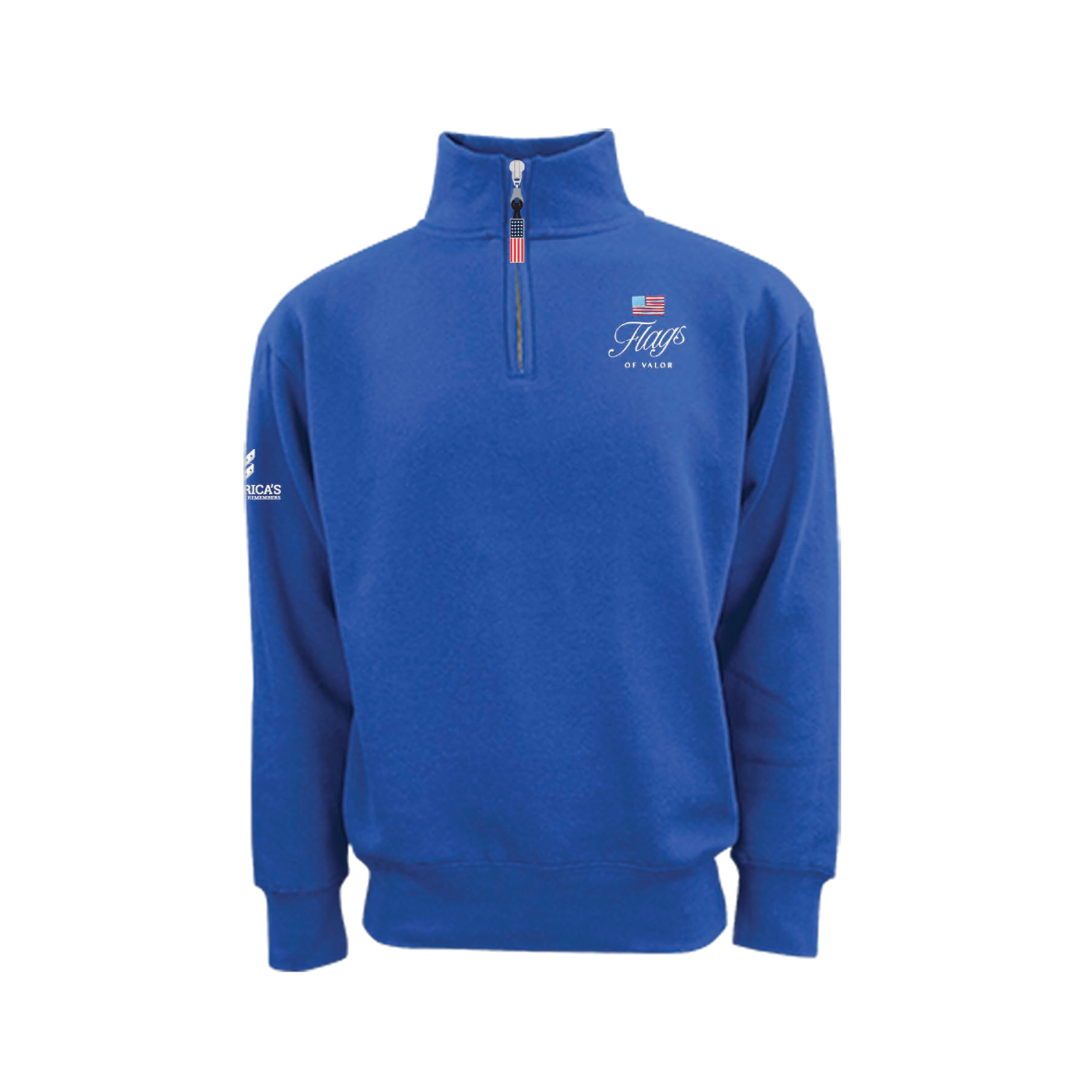 Blue quarter-zip sweatshirt with Flags of Valor logo on a white background