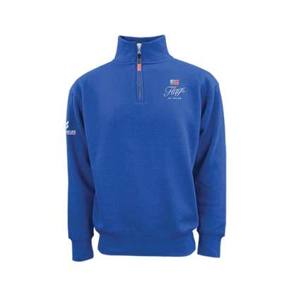 Blue quarter-zip sweatshirt with Flags of Valor logo on a white background