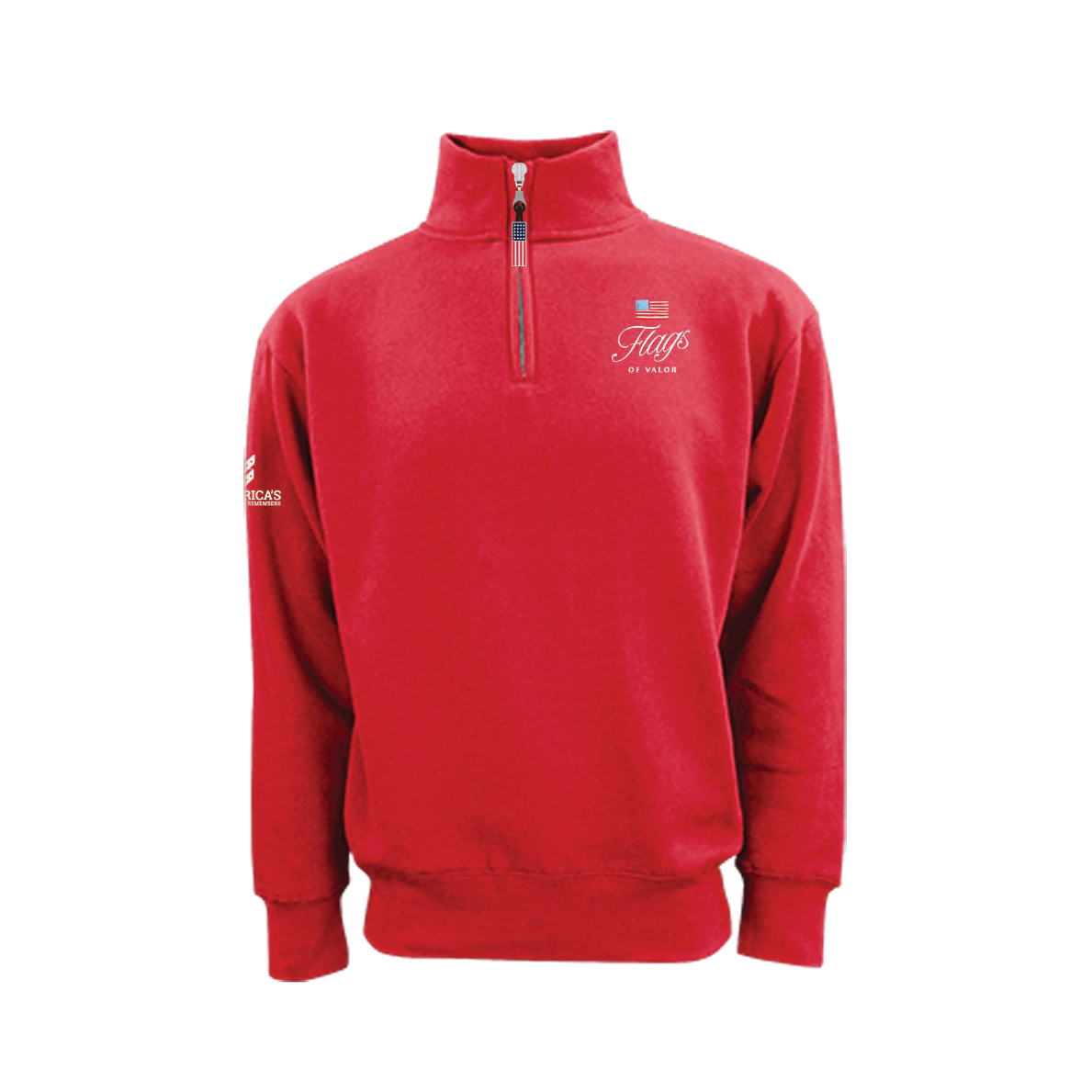 Red quarter-zip sweatshirt with Flags of Valor logo on a white background