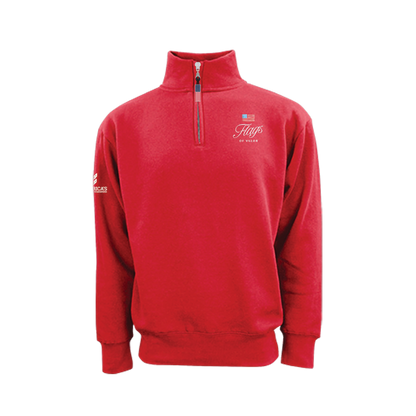 Red quarter-zip sweatshirt with Flags of Valor logo on a white background