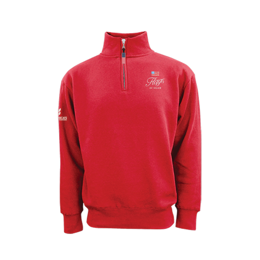 Red quarter-zip sweatshirt with Flags of Valor logo on a white background