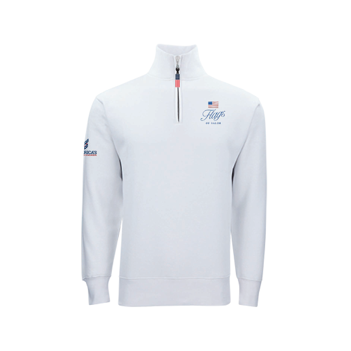 White half-zip sweatshirt with Flags of Valor logo on a white background