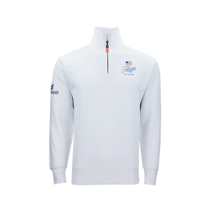 White half-zip sweatshirt with Flags of Valor logo on a white background