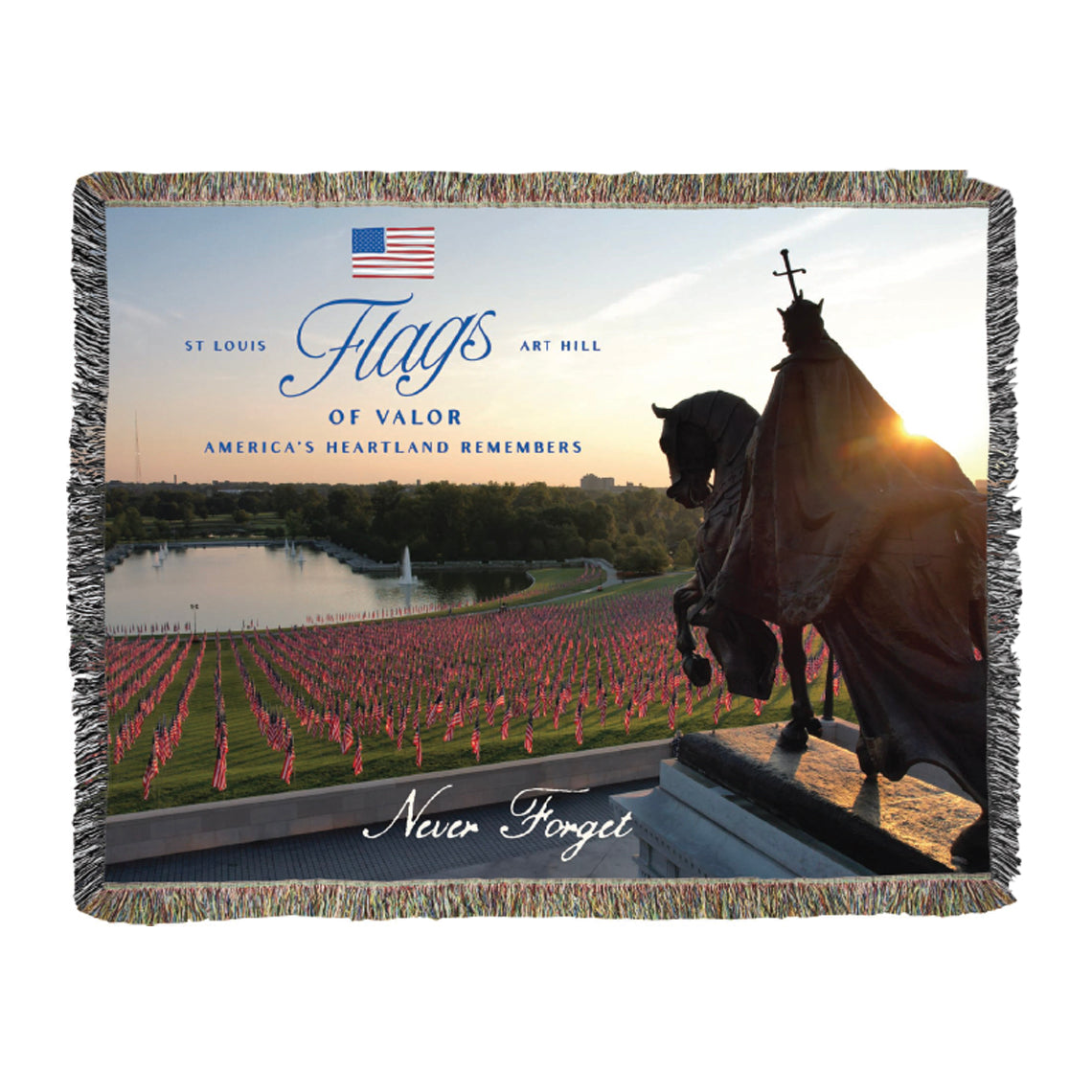 Woven blanket with a statue and field of flags design, featuring the American flag and text.