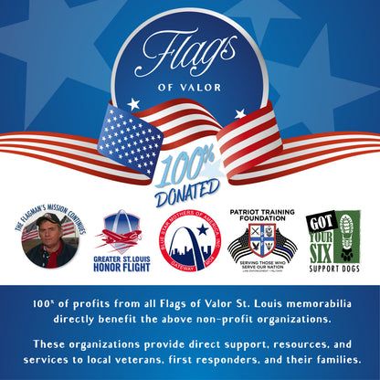 Promotional graphic for Flags of Valor with American flags and logos of benefiting organizations on a blue background.