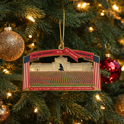 Ornament commemorating the 9/11 St. Louis anniversary on a decorated Christmas tree.