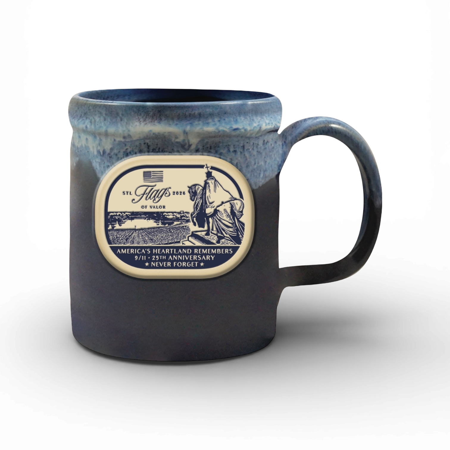 Blue ceramic mug with a decorative label on a white background
