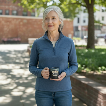 Woman in blue quarter zip sweater holding a mug outdoors with trees and buildings in the background