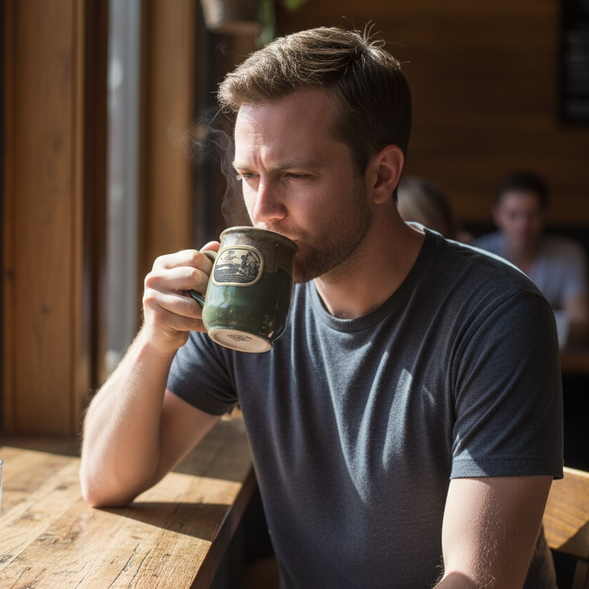 Man drinking from a green mug in a cozy indoor setting