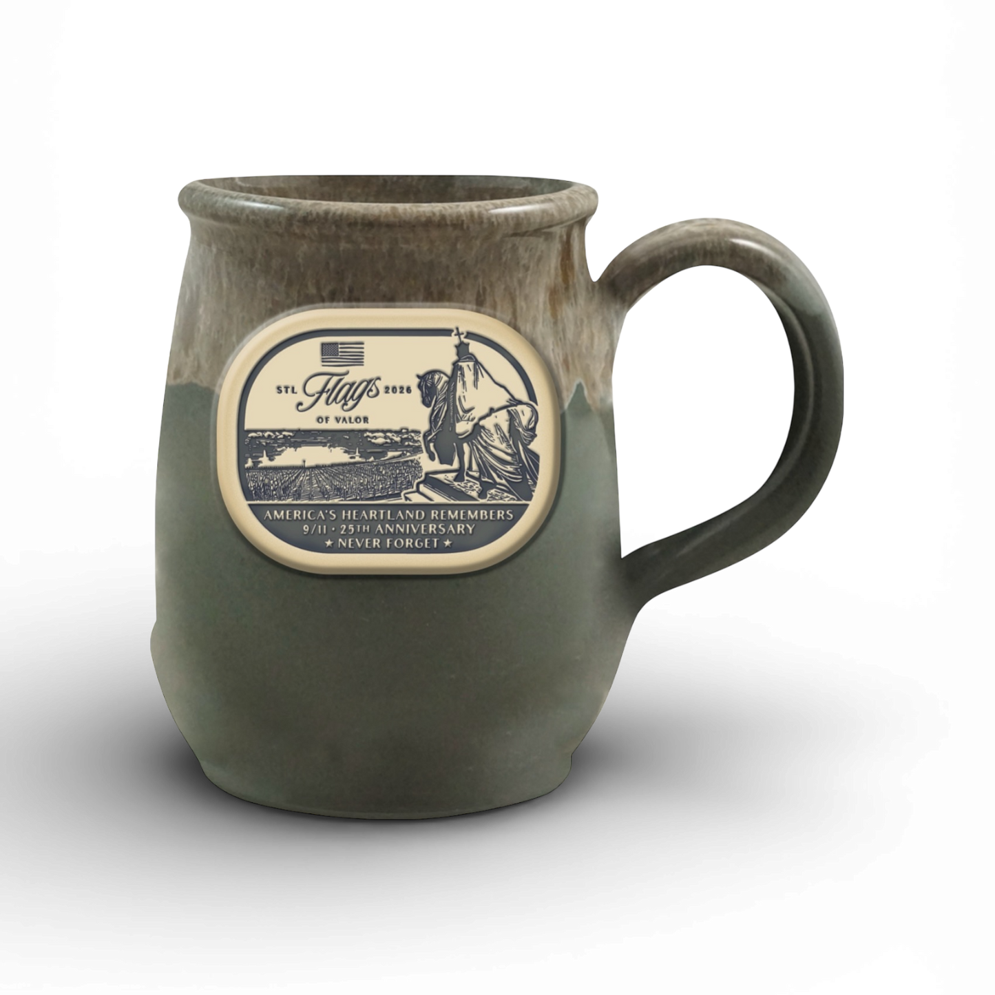 Green mug with a decorative label on a white background