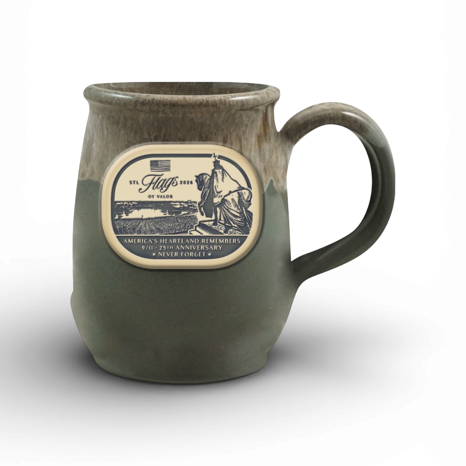 Green mug with a decorative label on a white background
