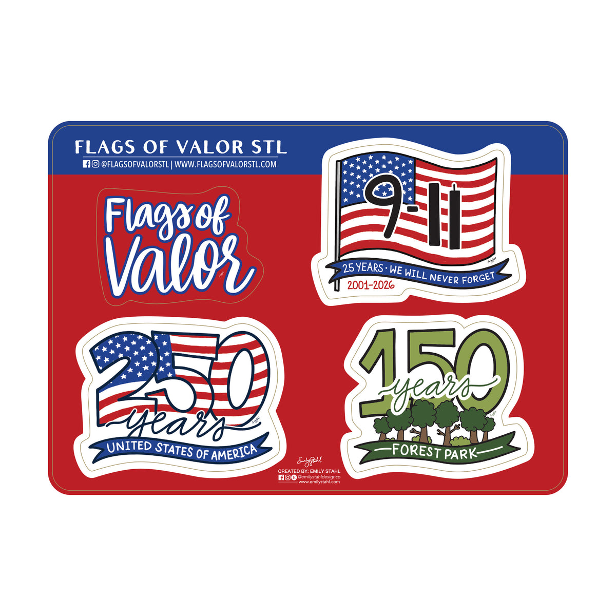 Emily Stahl Design Co. Flags of Valor Commemorative 4-Piece Magnet Set