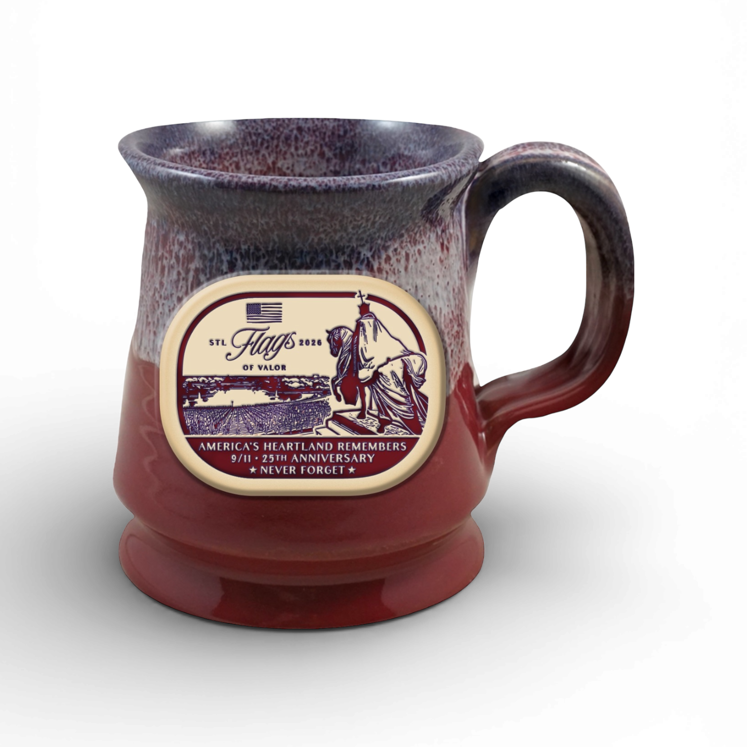 Red and blue ceramic mug with a Flags of Valor design on a white background