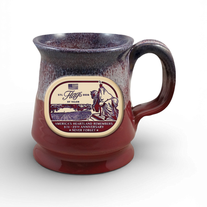 Red and blue ceramic mug with a Flags of Valor design on a white background