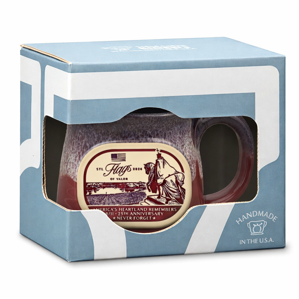 Hand-Thrown Footed Mug - Cranberry with Blue and White