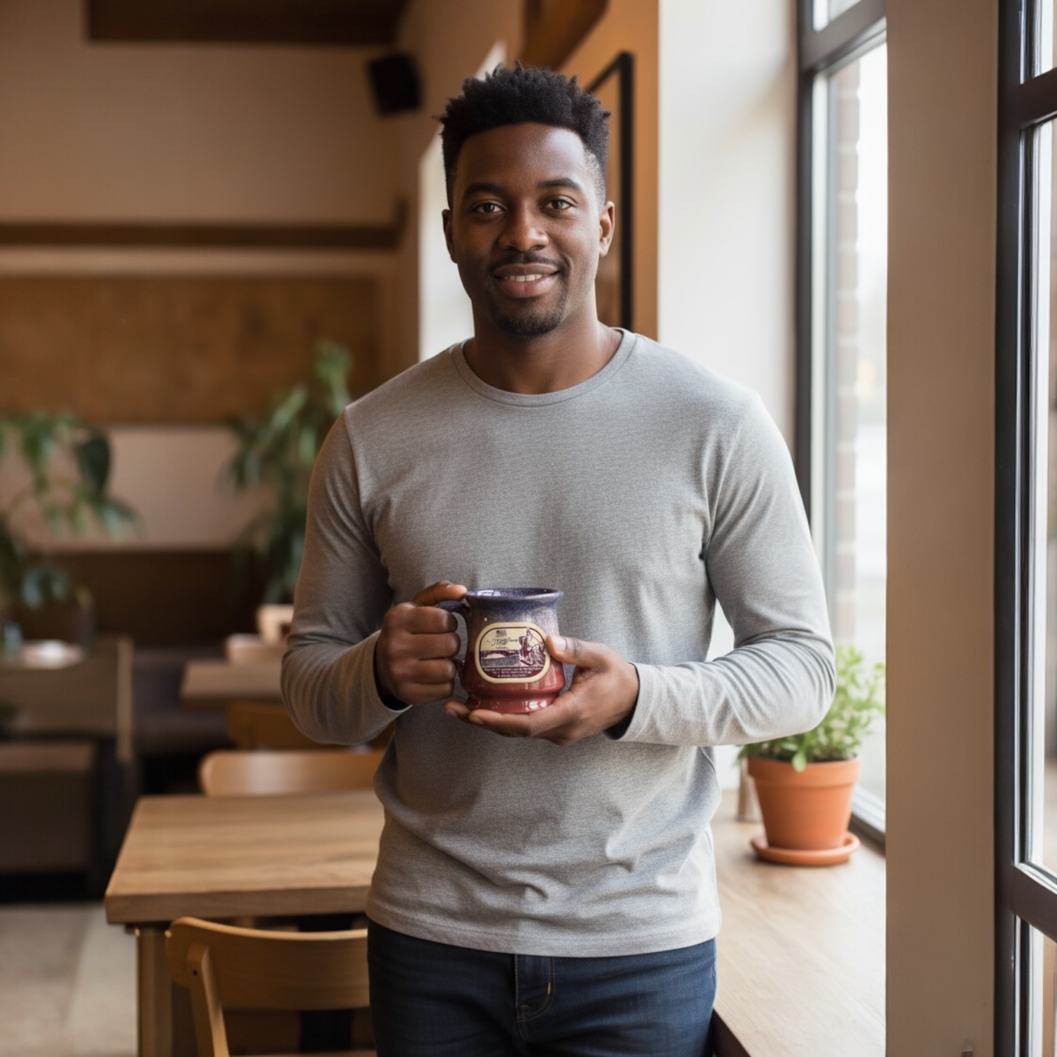 Man in coffee shop holding mug