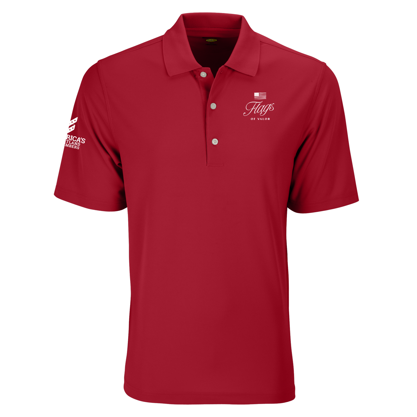 Red polo with white Flags of Valor logo and white America's Heartland Remembers logo