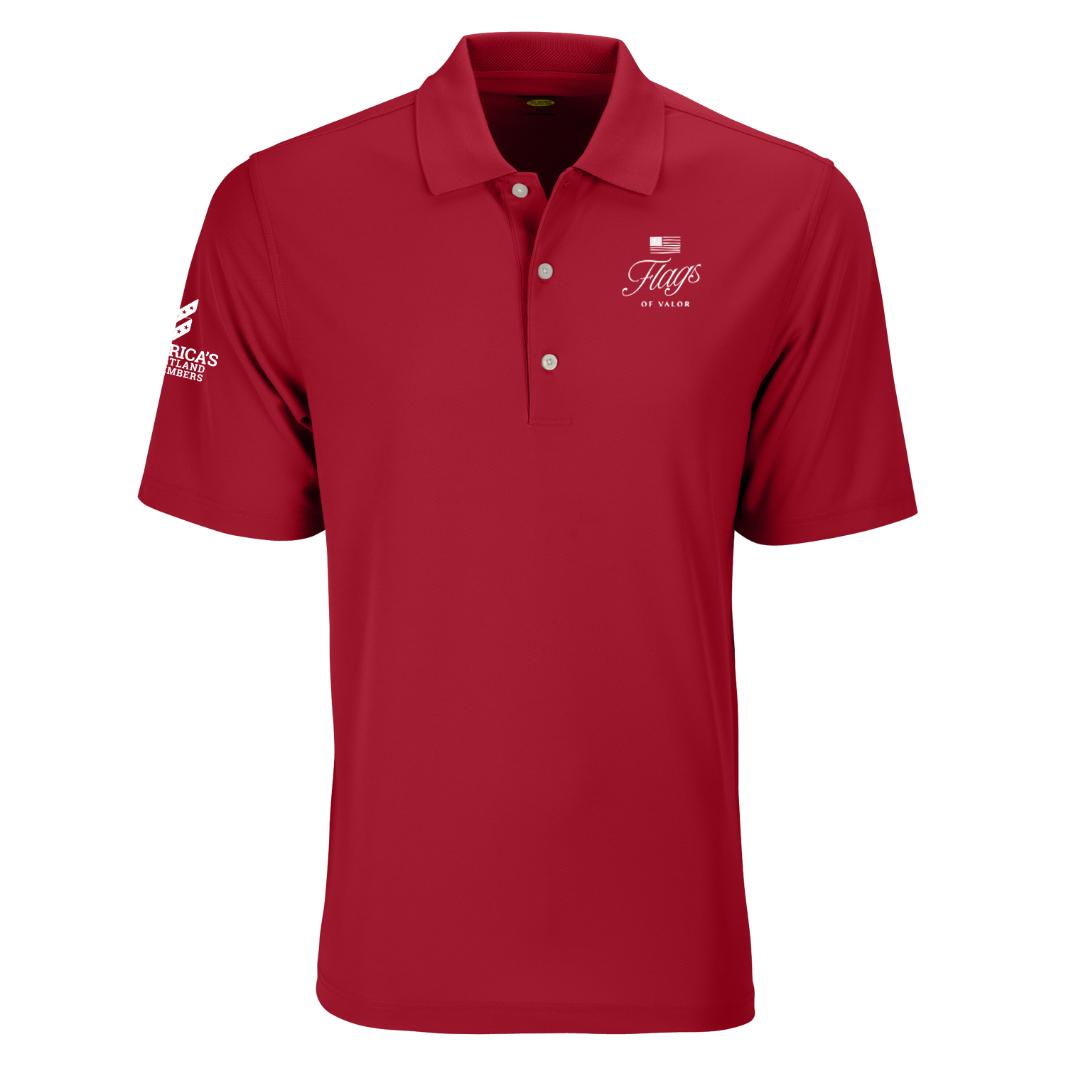 Red polo with white Flags of Valor logo and white America's Heartland Remembers logo