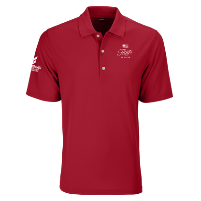 Red polo with white Flags of Valor logo and white America's Heartland Remembers logo