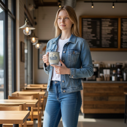 Woman in a denim outfit holding a coffee cup in a cafe.