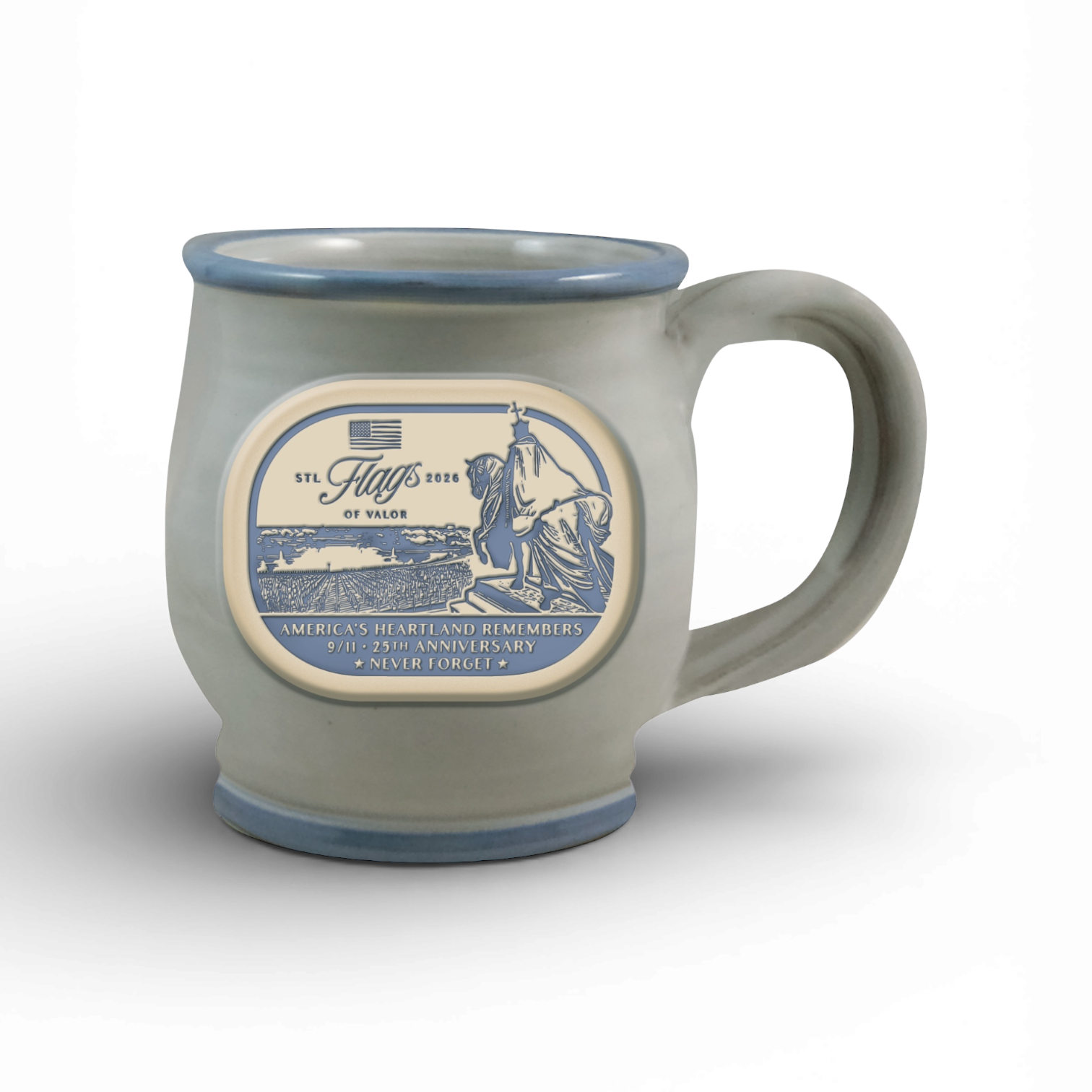 Gloss mug with a decorative Flags of Valor logo and design on a white background