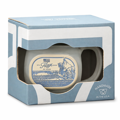 Mug with decorative design in a blue and white box packaging