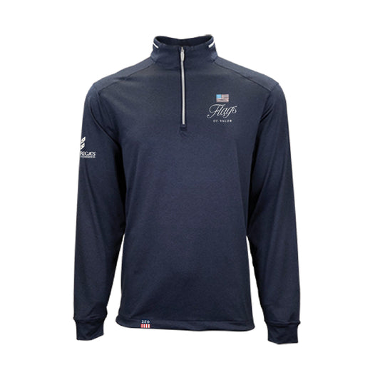 Navy long-sleeve 1/4 Zip with Flags of Valor logo on a white background