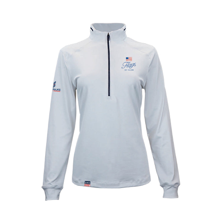 White long-sleeve shirt with Flags of Valor Logo on a white background