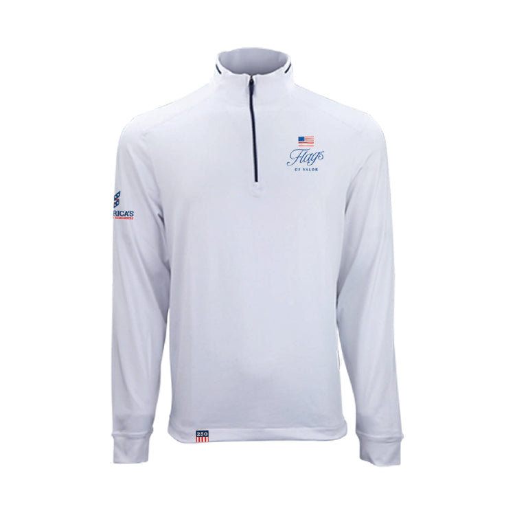 White long-sleeve 1/4 Zip with Flags of Valor logo on a white background