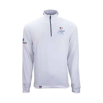 White long-sleeve 1/4 Zip with Flags of Valor logo on a white background
