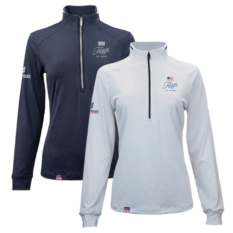 Navy and white long-sleeve quarter-zip pullovers with Flags of Valor logo on a white background