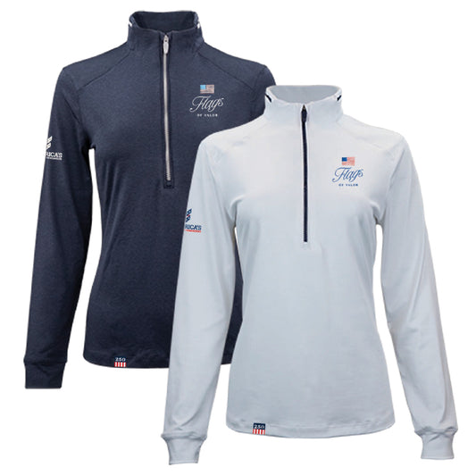 Navy and white long-sleeve quarter-zip pullovers with Flags of Valor logo on a white background