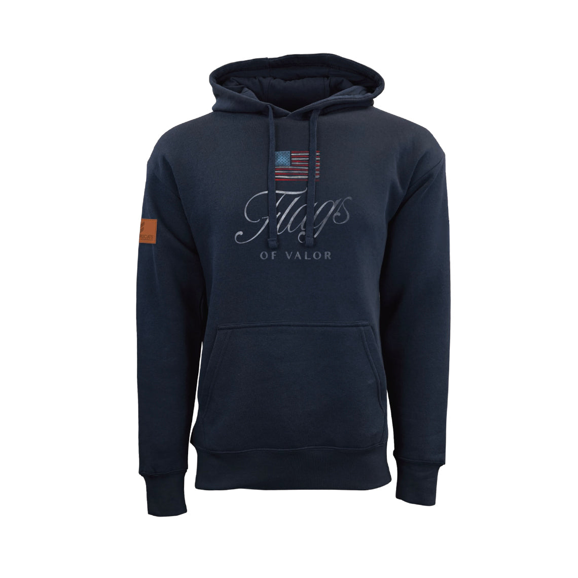 Navy blue hoodie with 'Flags of Valor' logo on a white background