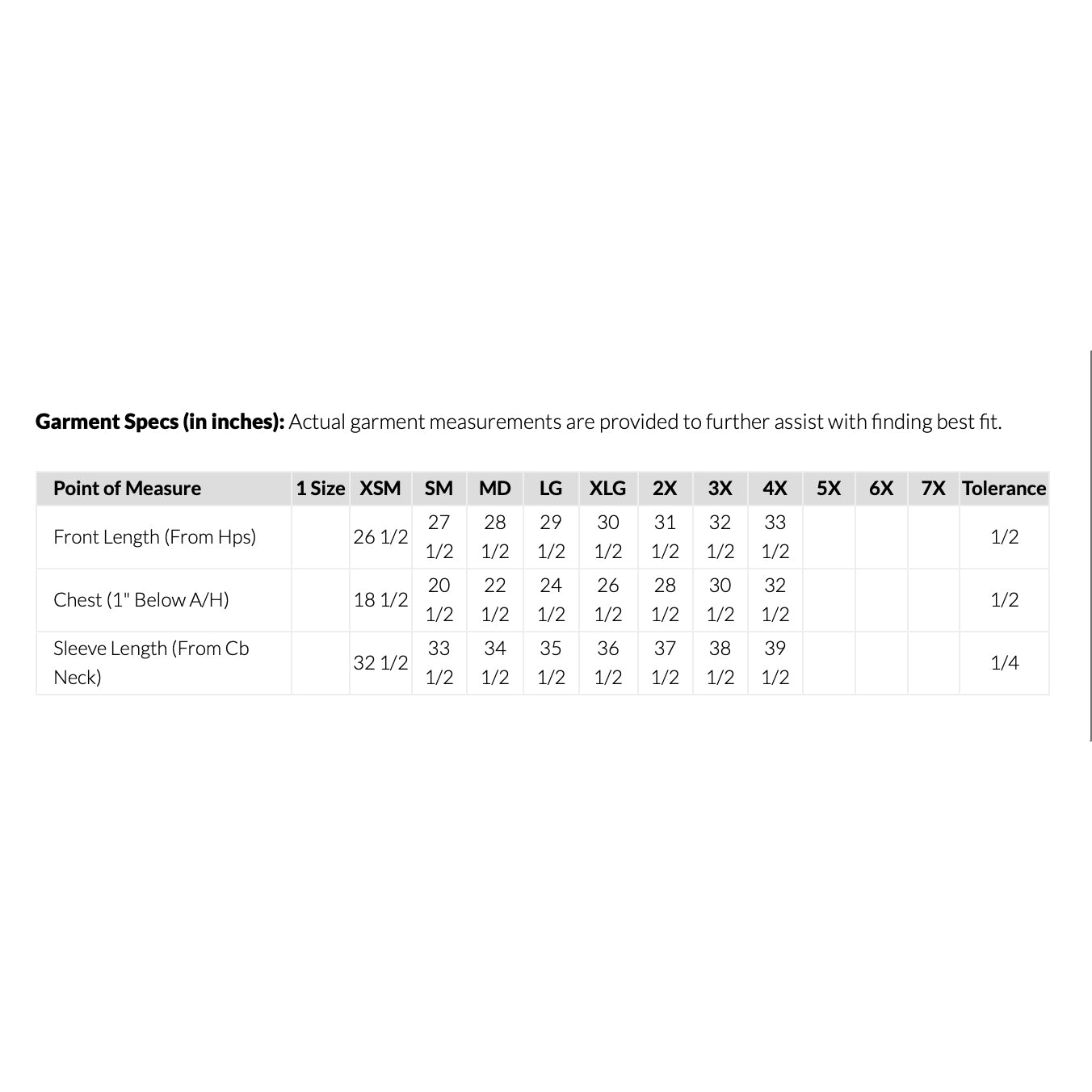 Size chart with white background