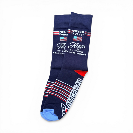 Navy blue socks with patriotic design and text on a white background