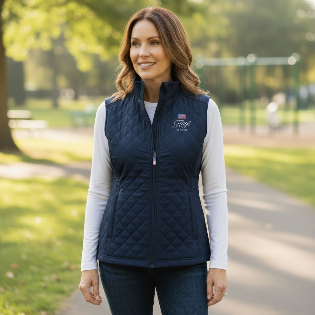 Woman wearing a navy quilted vest with Flags of Valor logo in a park setting