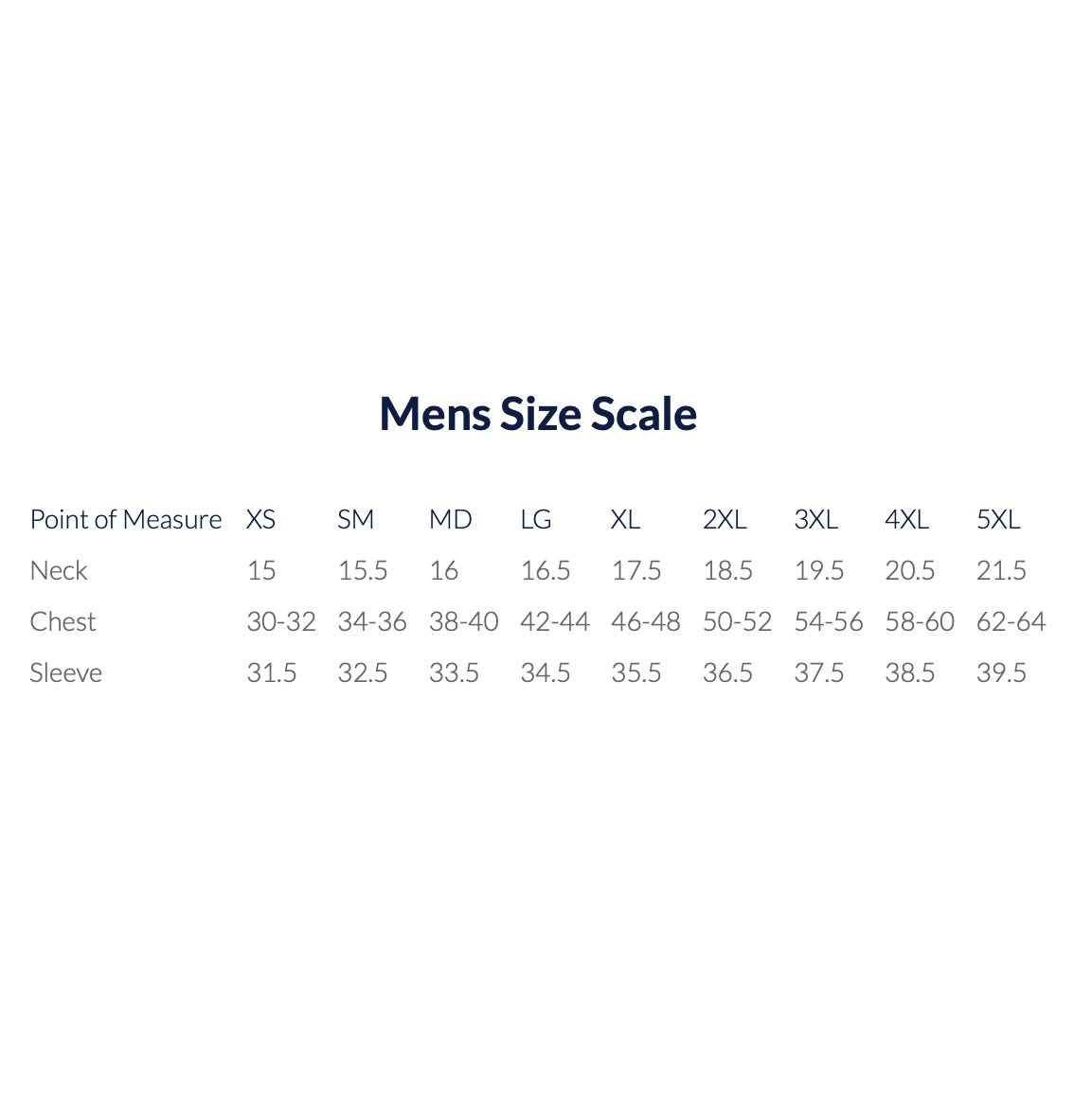 Mens Size Scale chart for neck, chest, and sleeve measurements.