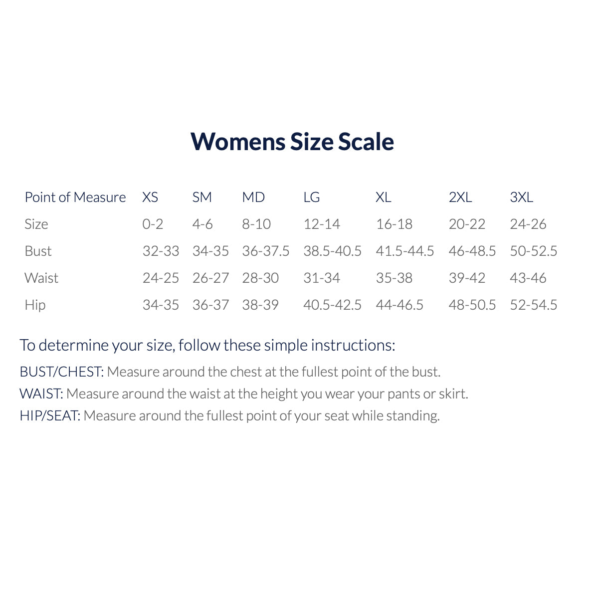 Womens size scale chart for clothing measurements on a white background