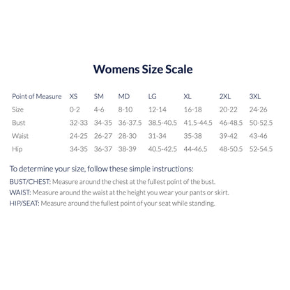 Womens size scale chart for clothing measurements on a white background